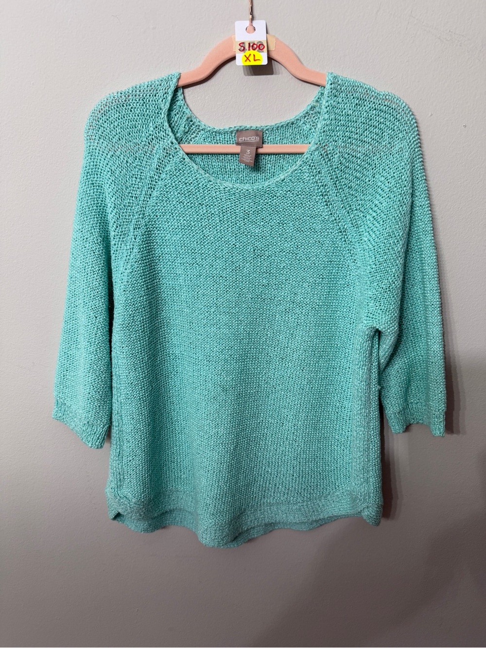 Women’s Chico’s Turquoise Open Knit Sweater Size 3 XL 16-18